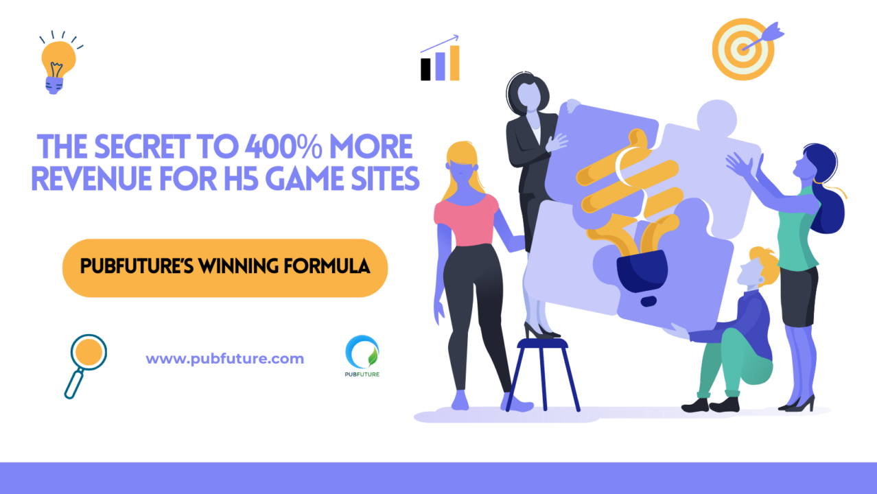 Illustration showing a mobile H5 game site dashboard with rising revenue charts and a “400% growth” label, representing PubFuture’s winning monetization formula.
