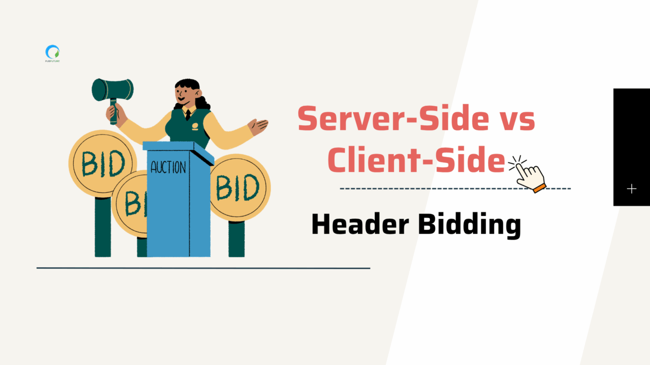 Illustration of an auctioneer with bid signs, representing the comparison between Server-Side and Client-Side Header Bidding