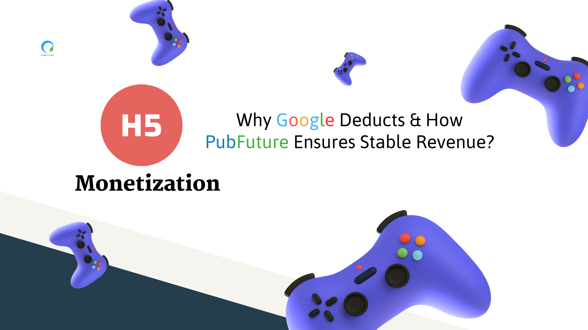 An illustration featuring gaming controllers surrounding the title “H5 Monetization — Why Google Deducts & How PubFuture Ensures Stable Revenue,” with the PubFuture logo in the corner