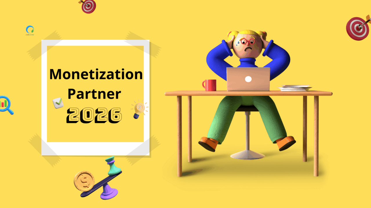 Illustration of a stressed publisher sitting at a desk with a laptop, representing the challenge of choosing the right monetization partner in 2026