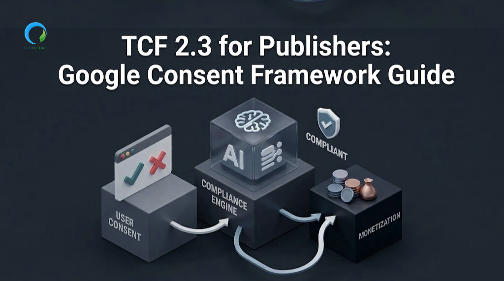 3D thumbnail of the TCF 2.3 workflow for Publishers, featuring the title "TCF 2.3 for Publishers: Google Consent Framework Guide" on a professional dark background.