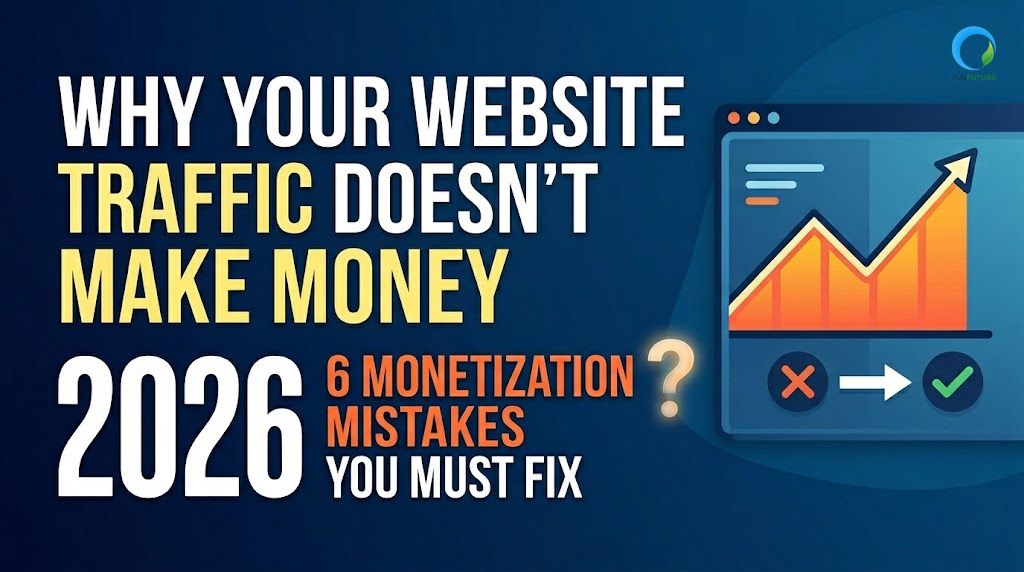 Infographic thumbnail for 2026 website monetization mistakes showing a traffic growth chart and a fix-it checklist for publishers to increase ad revenue